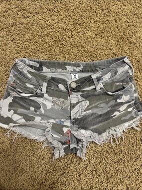 True Religion Camo Floral Cutoff Jean Shorts in Green and Gray